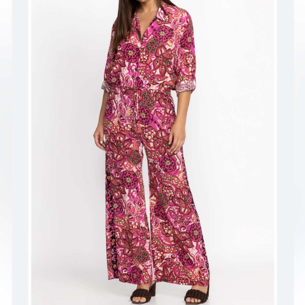Johnny Was Women's Silk Floral Elastic Waist Flowy Pink Pants Size XL NEW